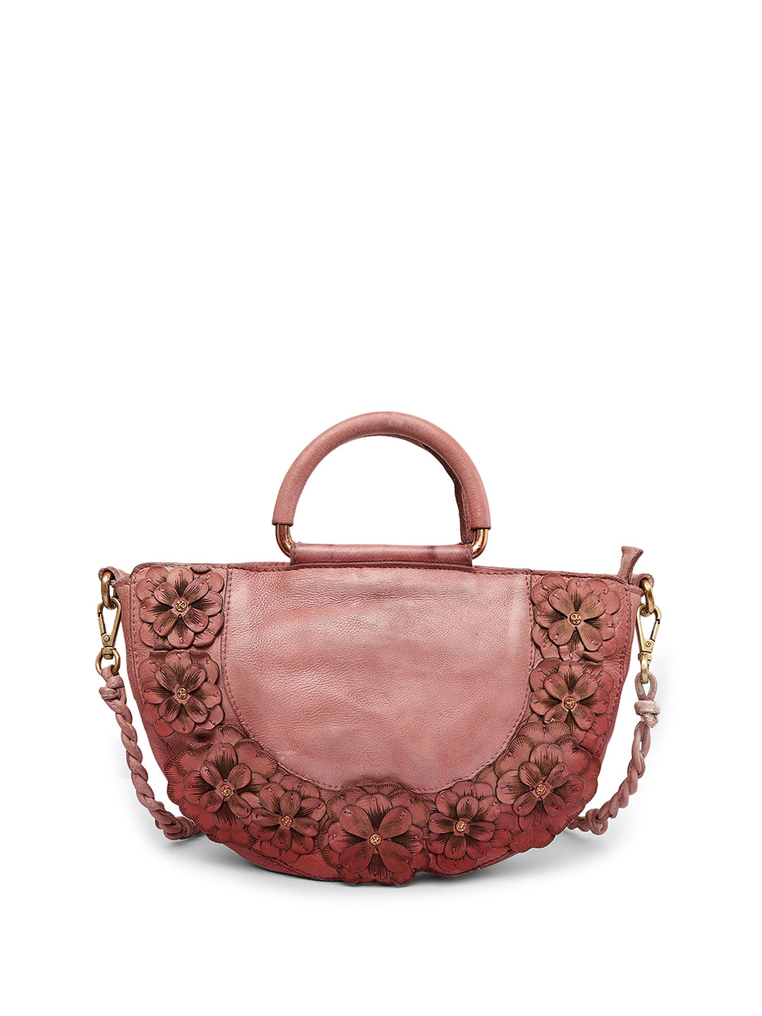 

ART N VINTAGE Floral Textured Half Moon Leather Sling Bag, Rose