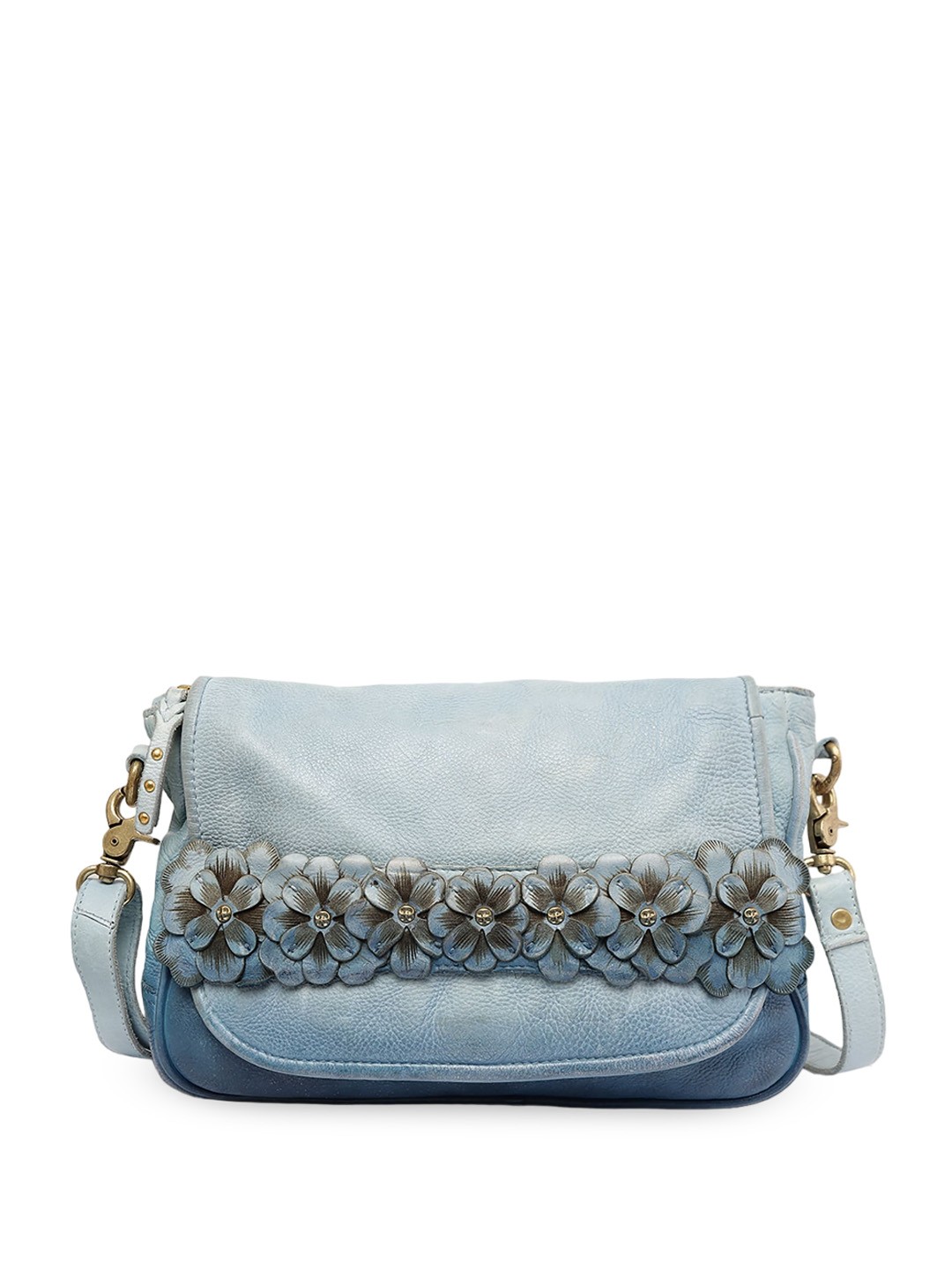 

ART N VINTAGE Floral Textured Half Moon Leather Sling Bag, Blue