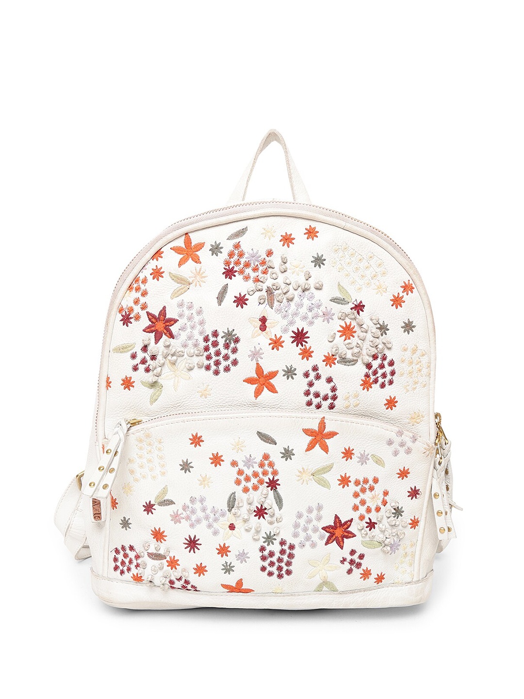 

ART N VINTAGE Floral Embroidered Leather Backpack, White