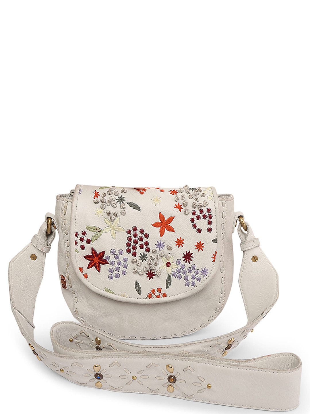 

ART N VINTAGE Embellished Leather Structured Sling Bag, White