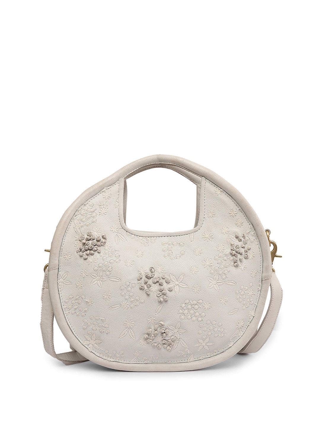 

ART N VINTAGE Floral Textured Structured Leather Sling Bag, Off white