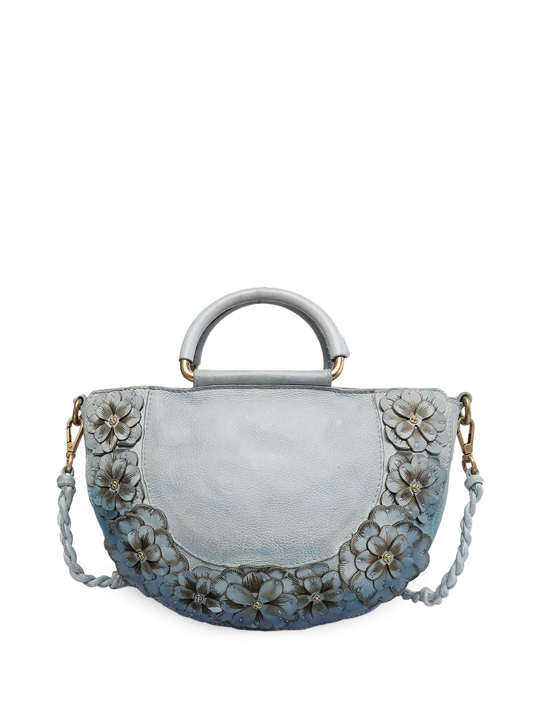 

ART N VINTAGE Floral Textured Half Moon Leather Sling Bag, Blue