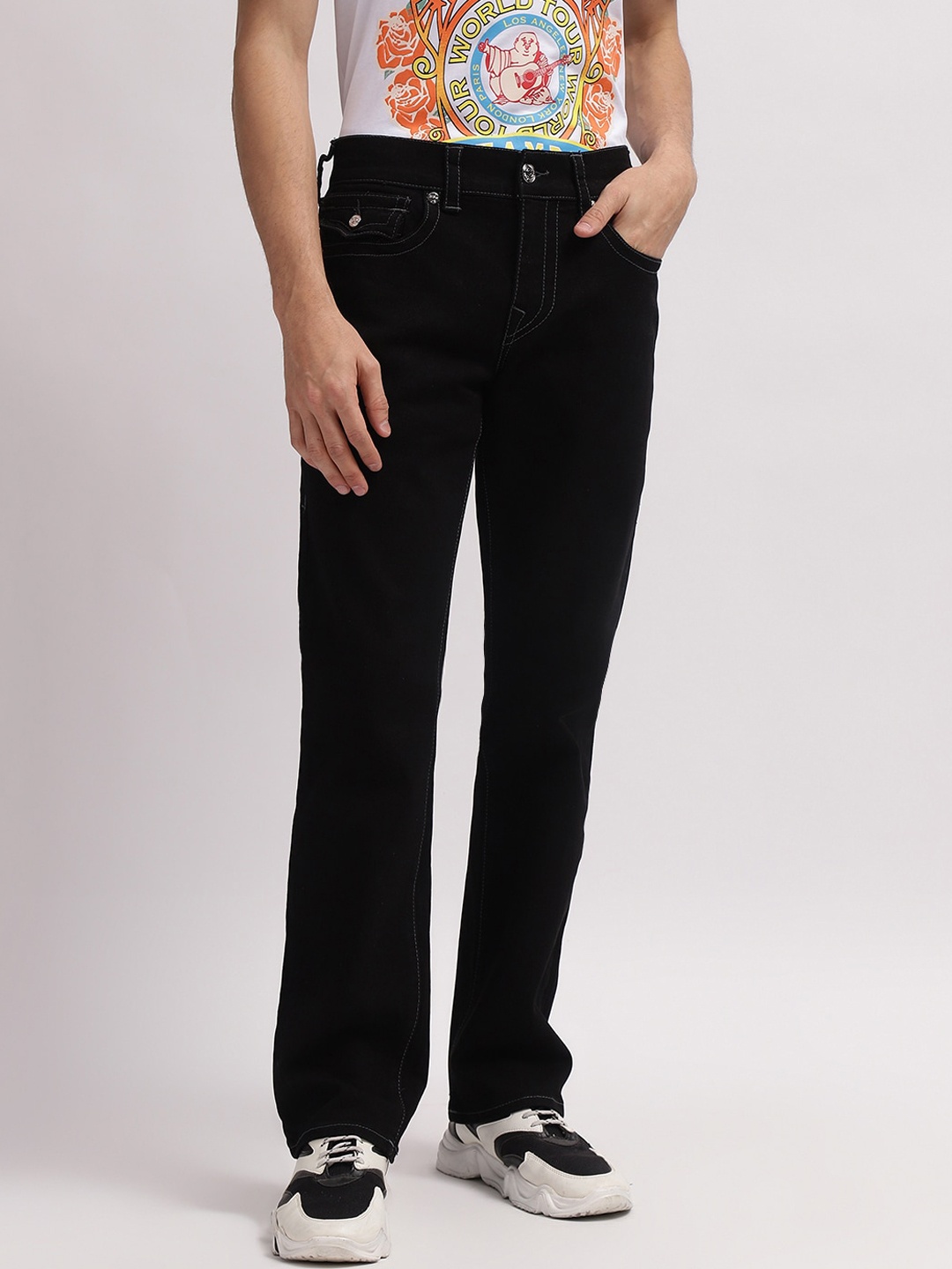 

True Religion SN Ricky Flap Straight Fit Mid-Rise Solid Jeans, Black