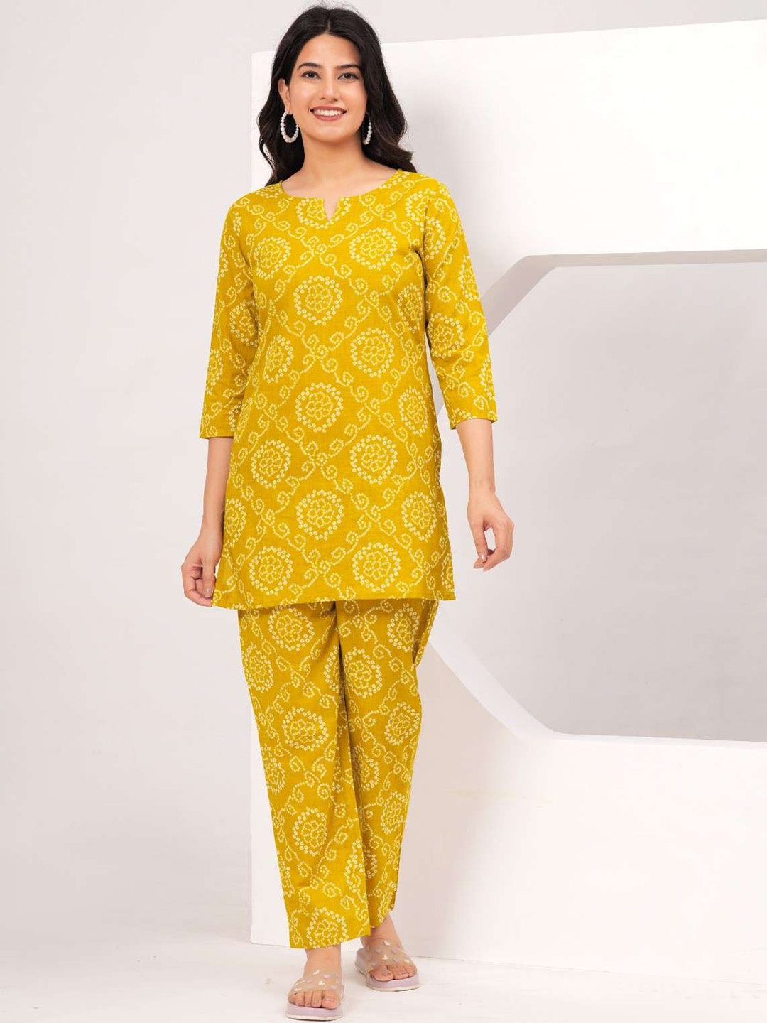 

ETC Ethnic Motifs Printed Pure Cotton Top And Trouser, Mustard