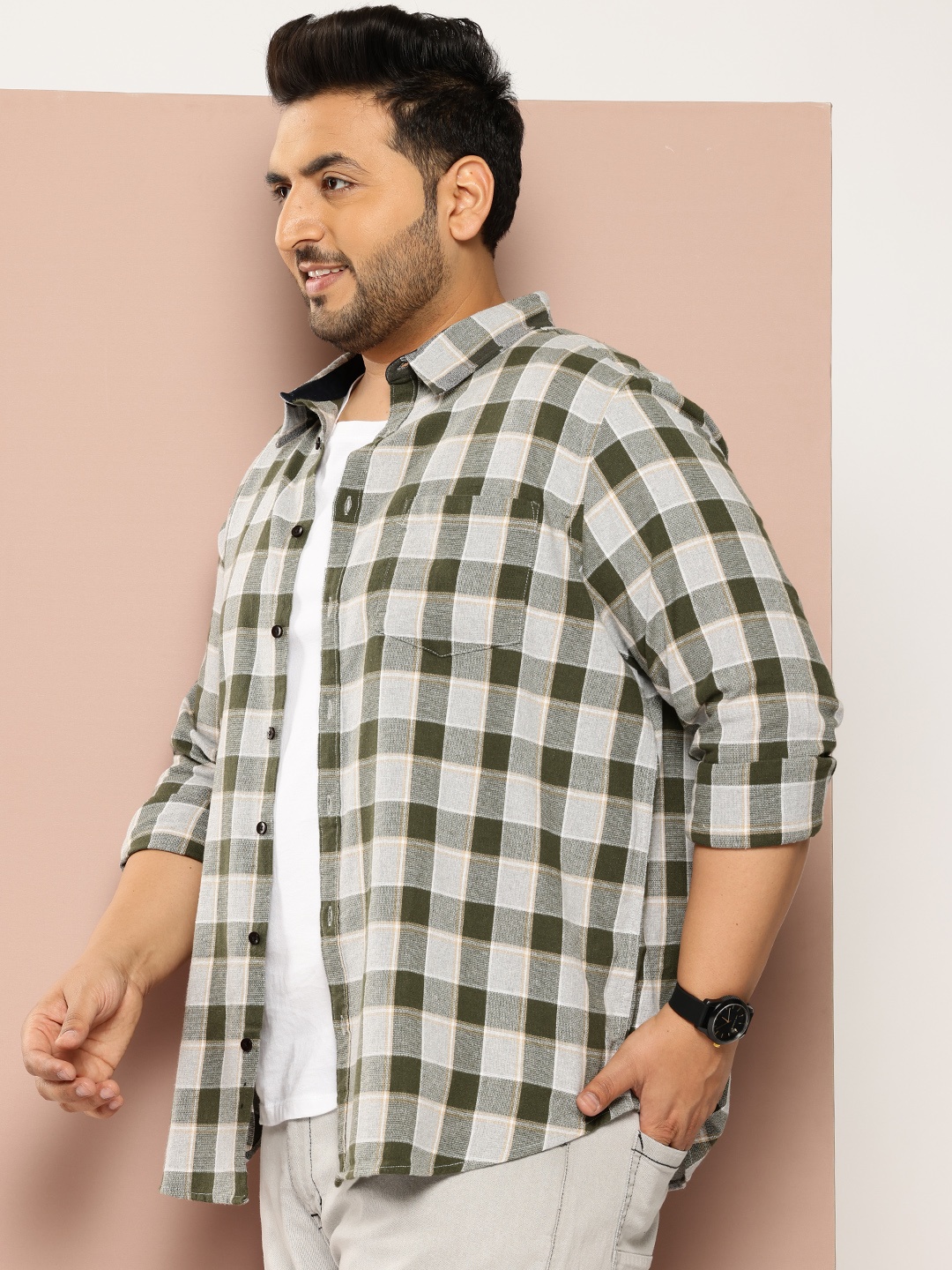 

Sztori Men Plus Size Checked Casual Shirt, Olive