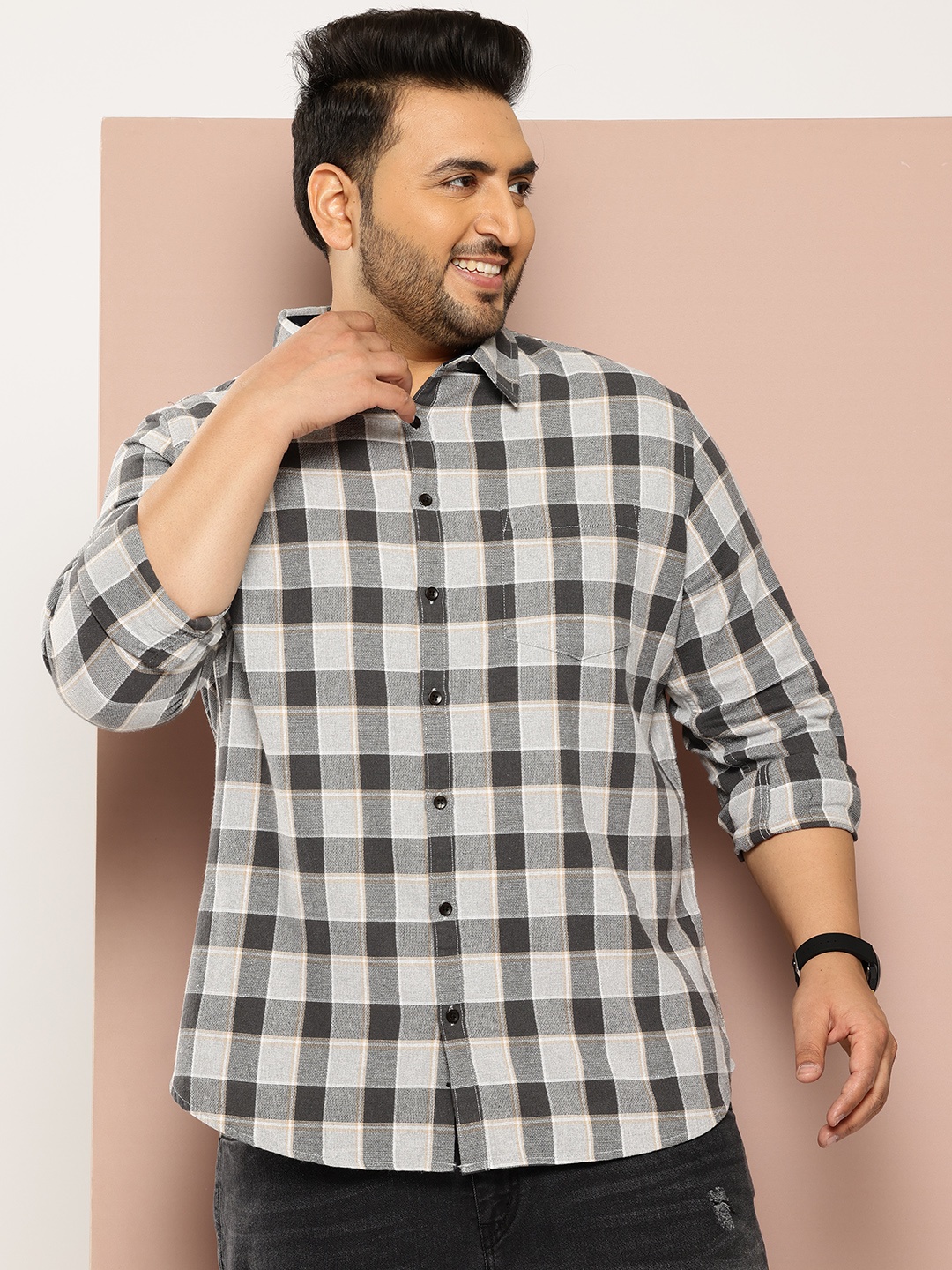 

Sztori Men Plus Size Checked Casual Shirt, Grey