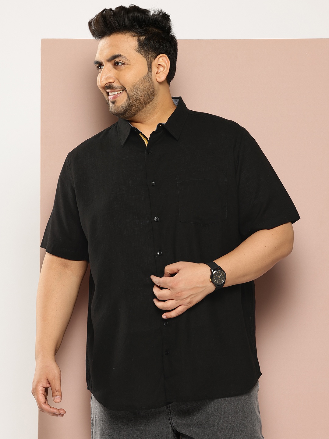

Sztori Men Plus Size Cotton Linen Casual Shirt, Black