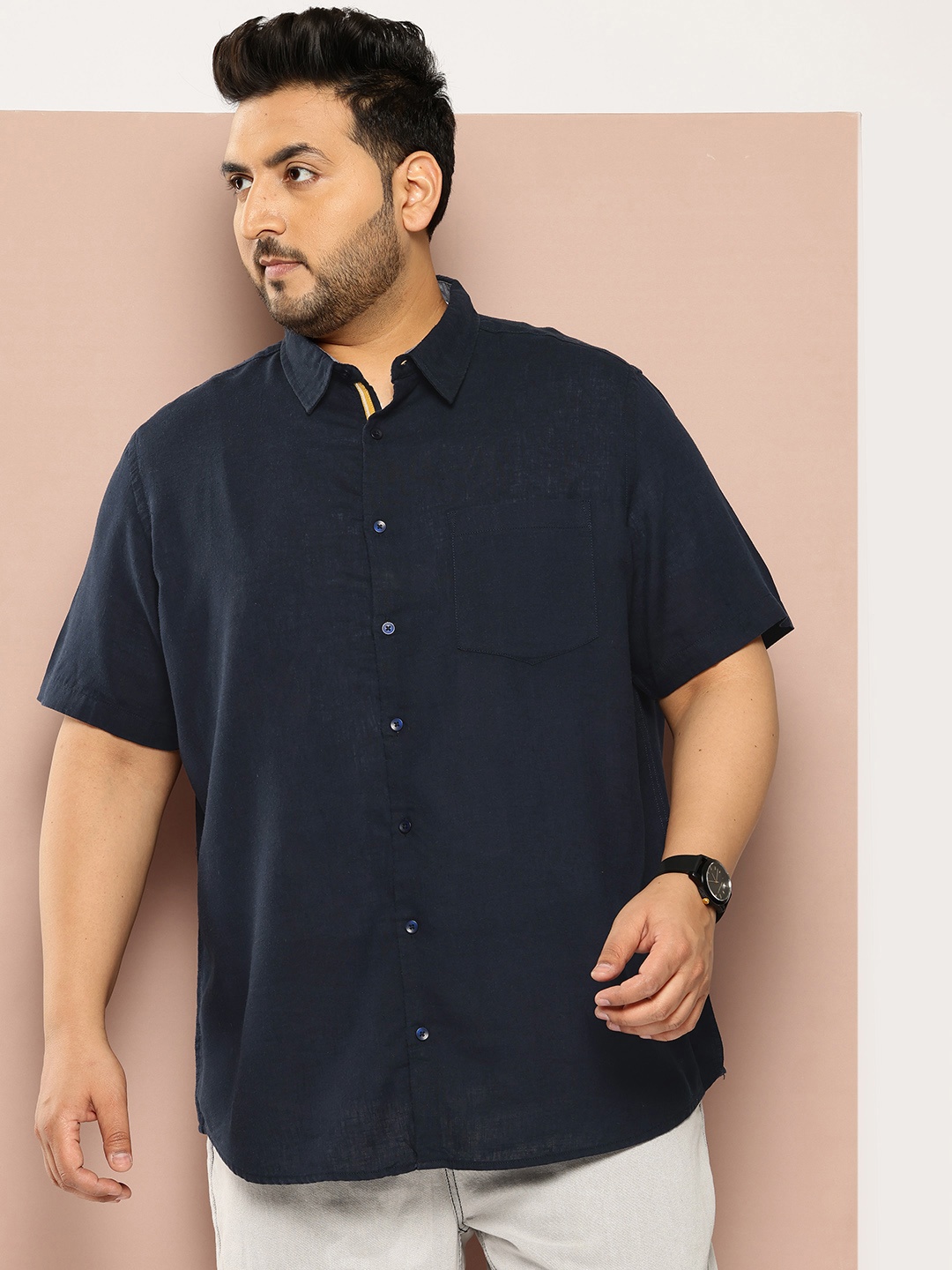 

Sztori Men Plus Size Cotton Linen Casual Shirt, Navy blue