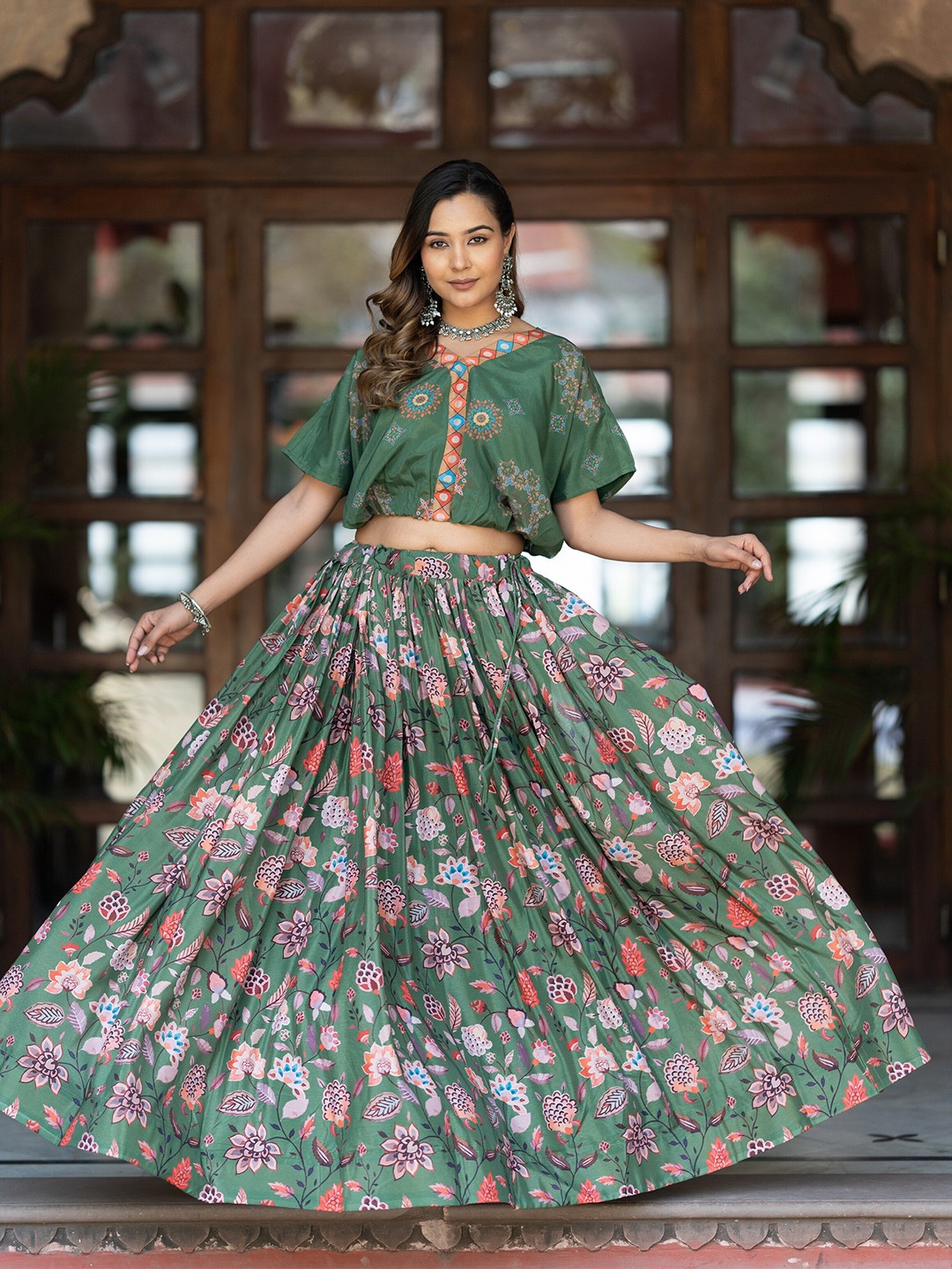 

ASPORA Printed Semi-Stitched Lehenga & Unstitched Blouse, Green