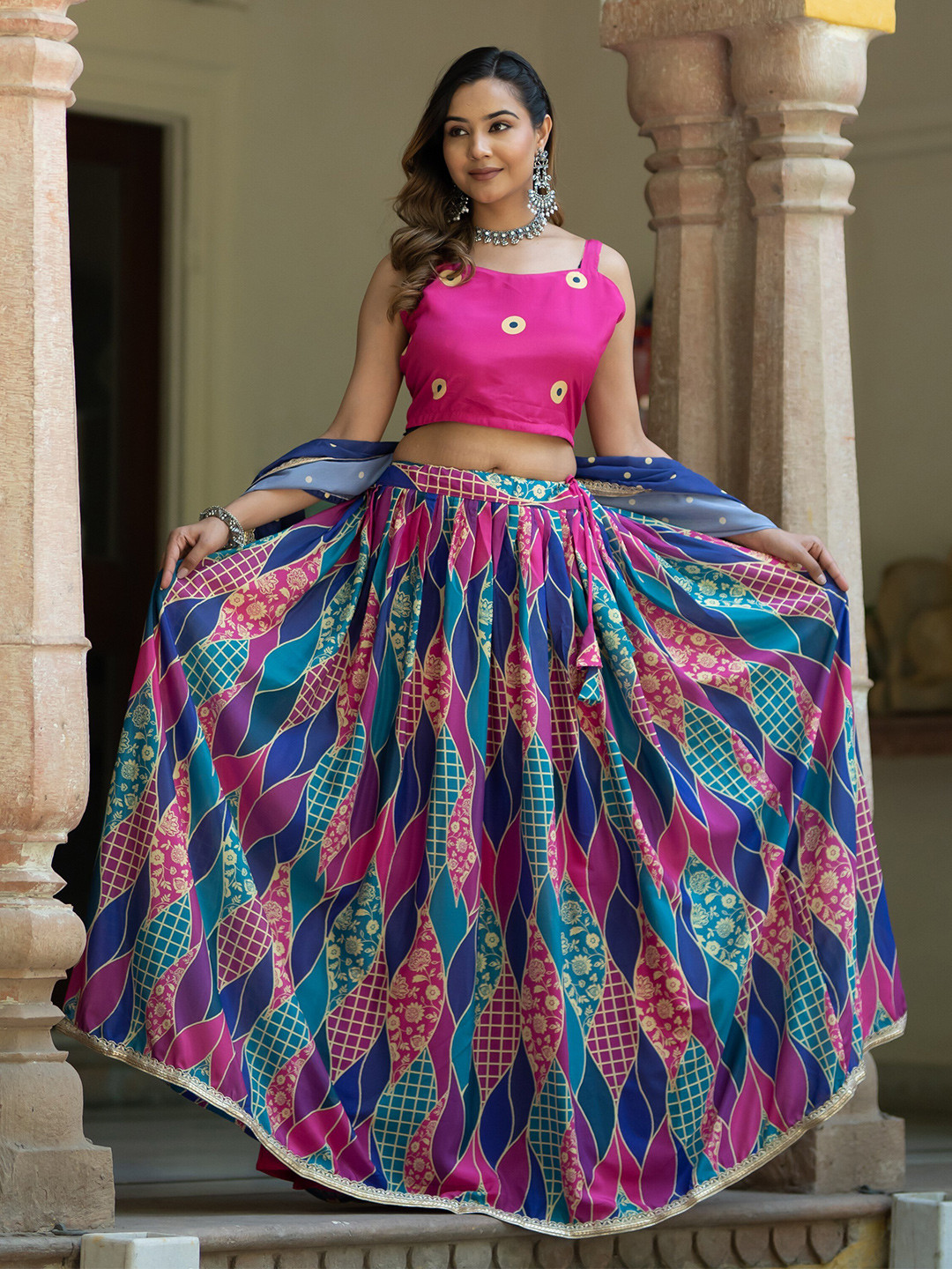 

ASPORA Printed Semi-Stitched Lehenga & Unstitched Blouse With Dupatta, Pink
