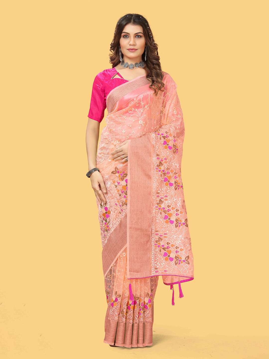 

Celeb Styles Floral Embroidered Organza Saree, Orange