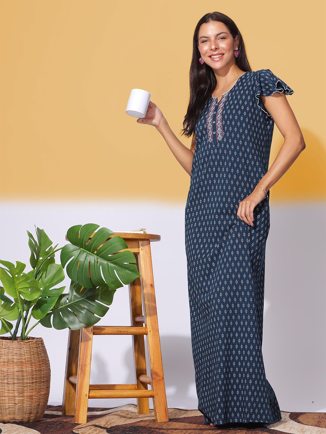 

9shines Label Geometric Printed Pure Cotton Maxi Regular Nightdress, Navy blue