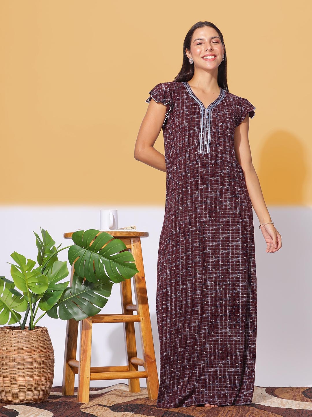 

9shines Label Geometric Printed Pure Cotton Maxi Regular Nightdress, Brown