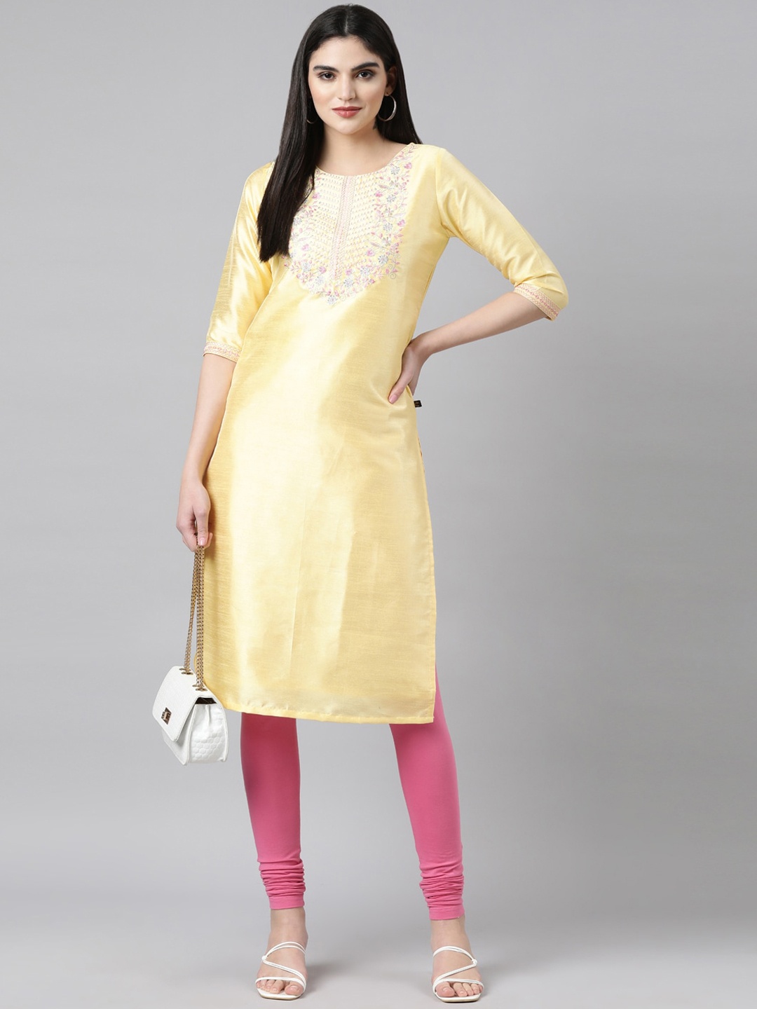 

Samhitas Round Neck Geometric Yoke Design Mirror Work Raw Silk Kurta, Yellow