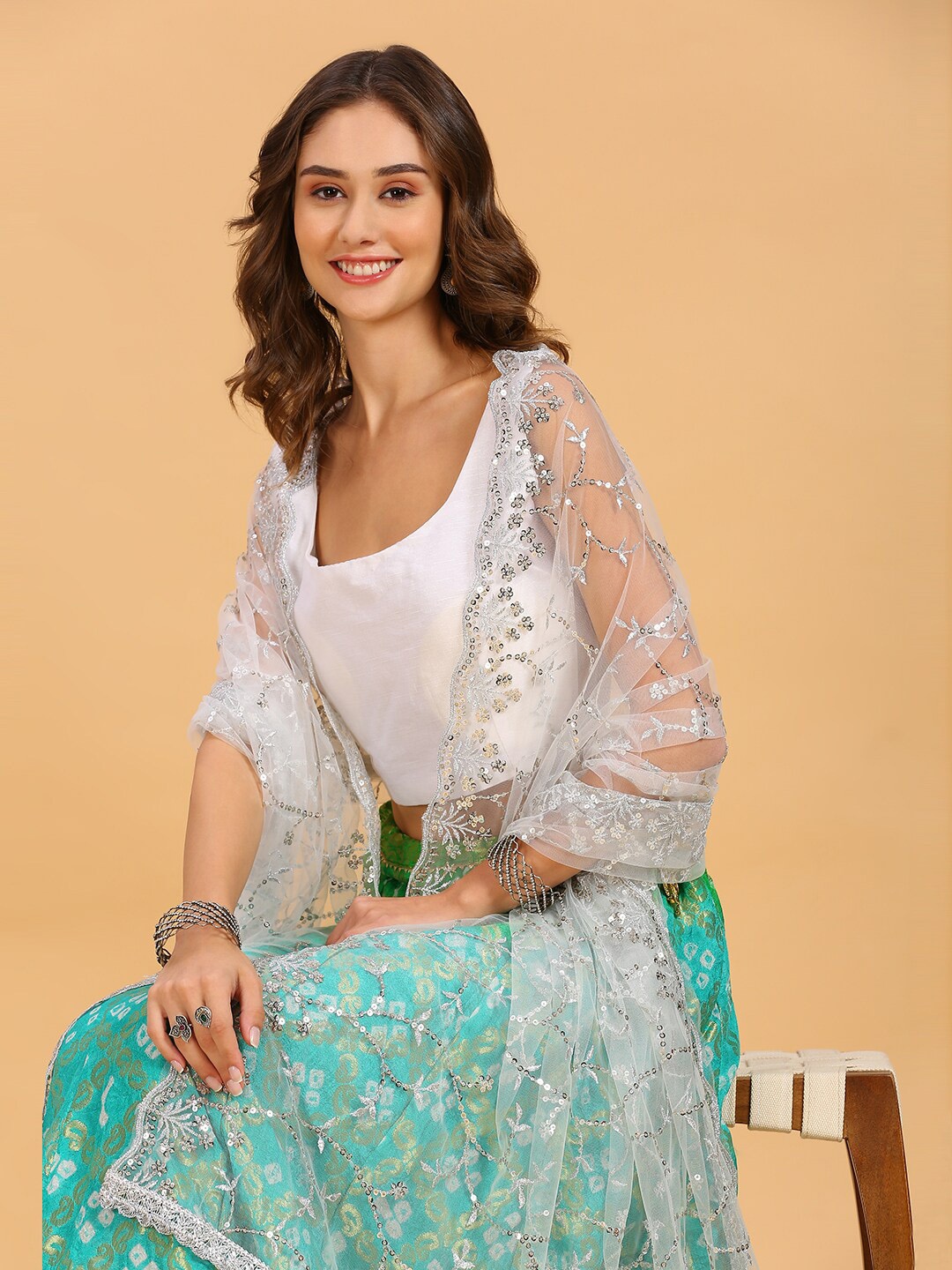 

Dupatta Bazaar Sequins Embellished Net Dupatta, Silver