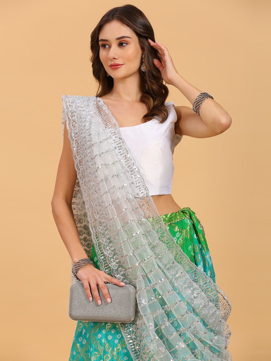 

Dupatta Bazaar Embroidered Dupatta with Sequinned, Silver