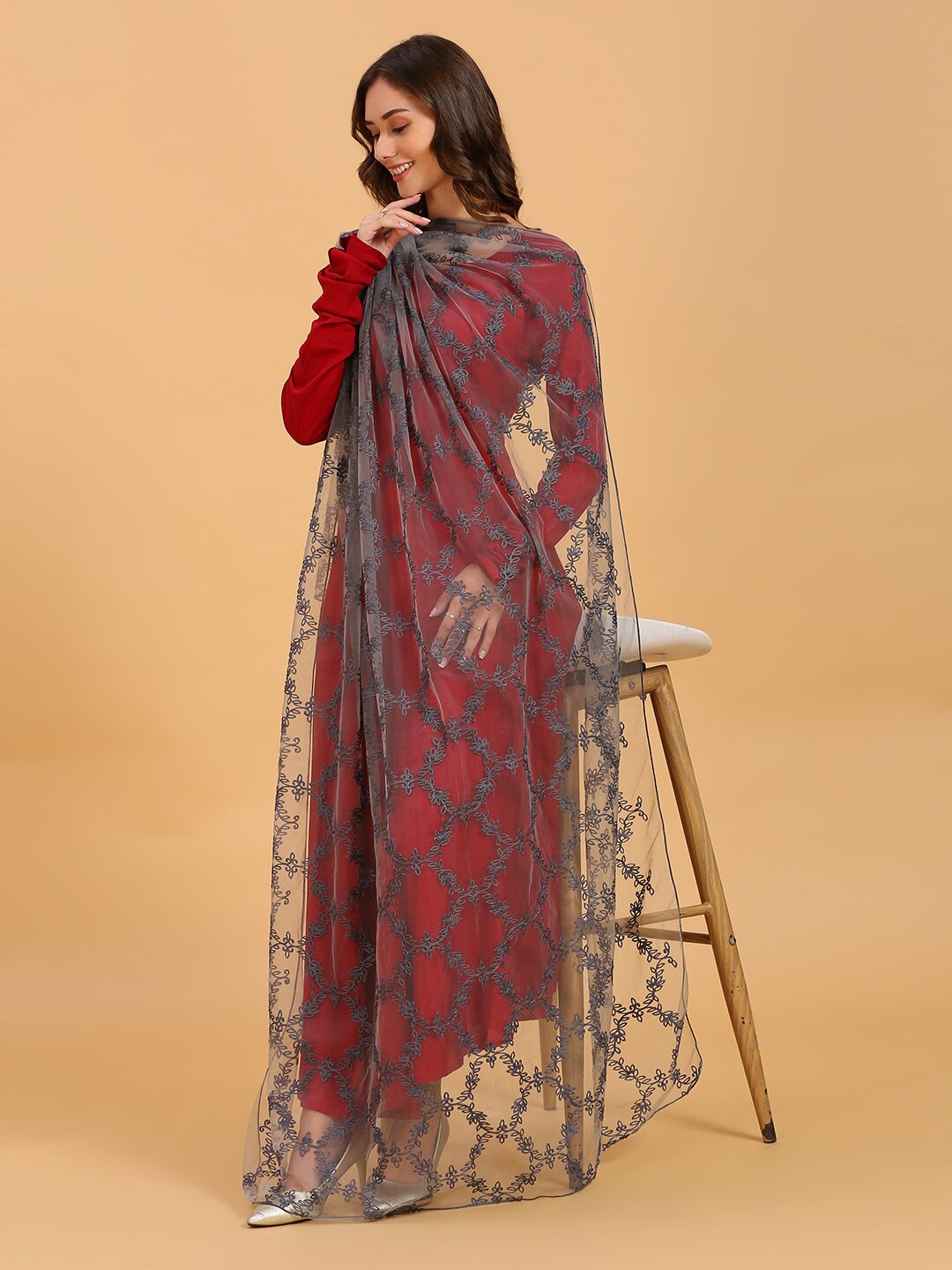 

Dupatta Bazaar Embroidered Net Dupatta, Grey