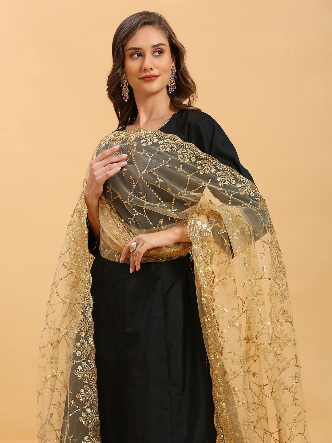 

Dupatta Bazaar Ethnic Motifs Embroidered Net Dupatta, Gold