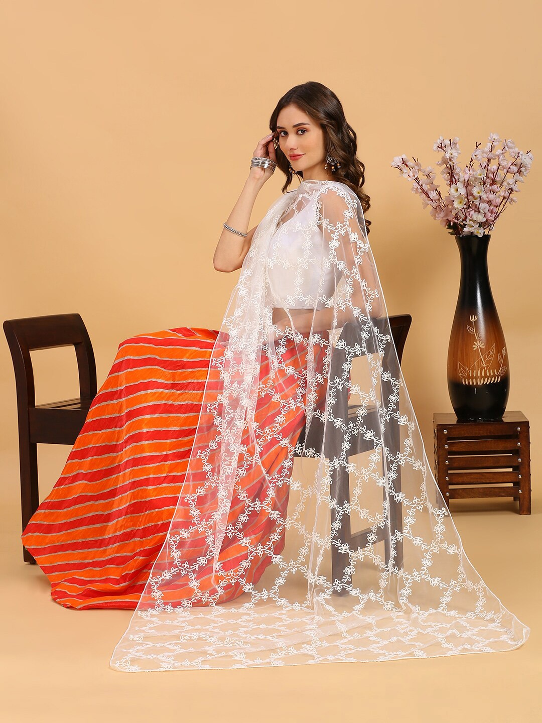 

Dupatta Bazaar Embroidered Net Dupatta, White