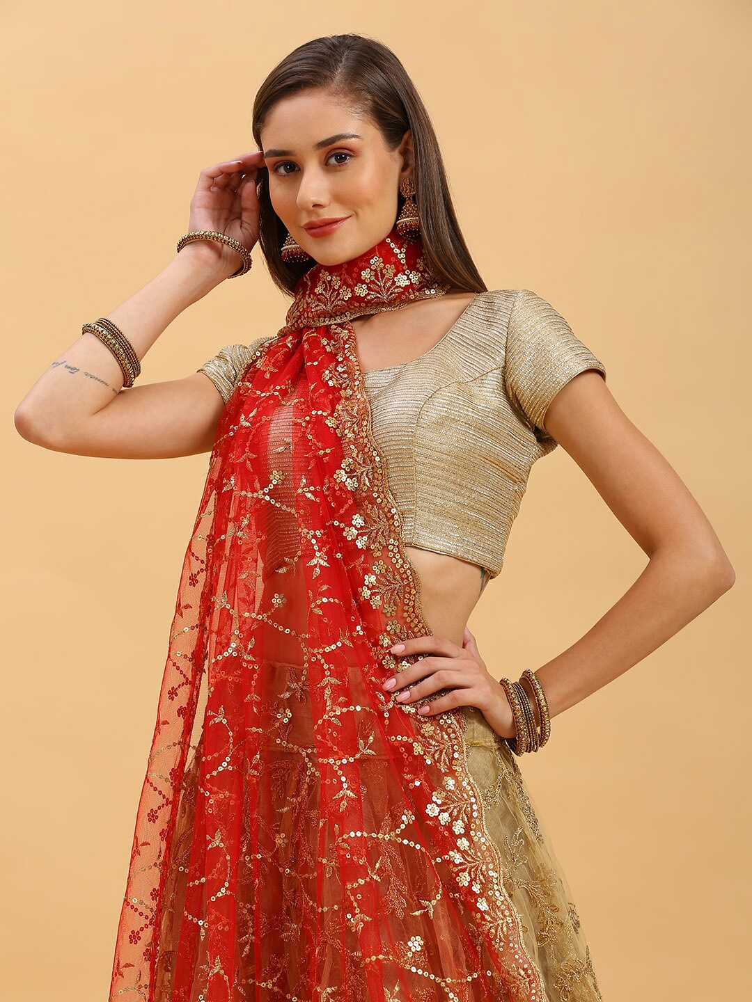 

Dupatta Bazaar Ethnic Motifs Embroidered Dupatta with Sequinned, Red