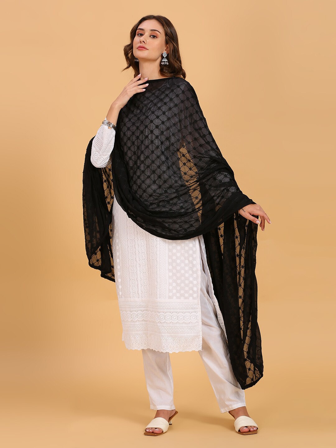 

Dupatta Bazaar Floral Embroidered Chiffon Dupatta, Black