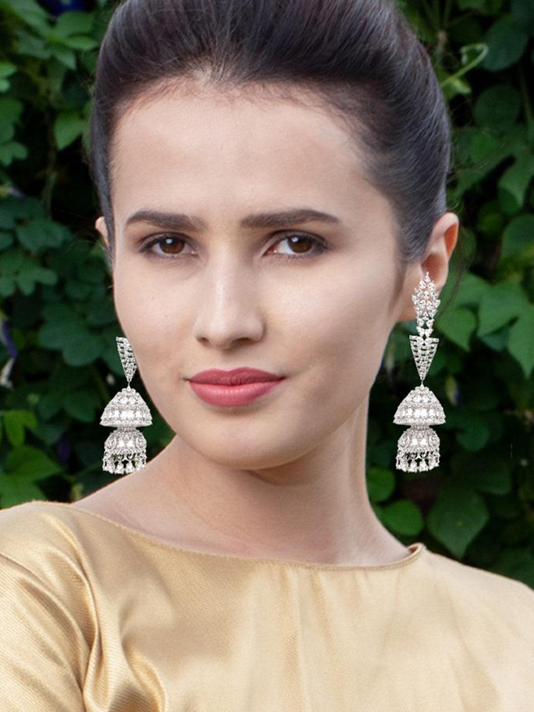 

ODETTE Silver-Plated Rhinestone Studded Contemporary Jhumkas Earrings