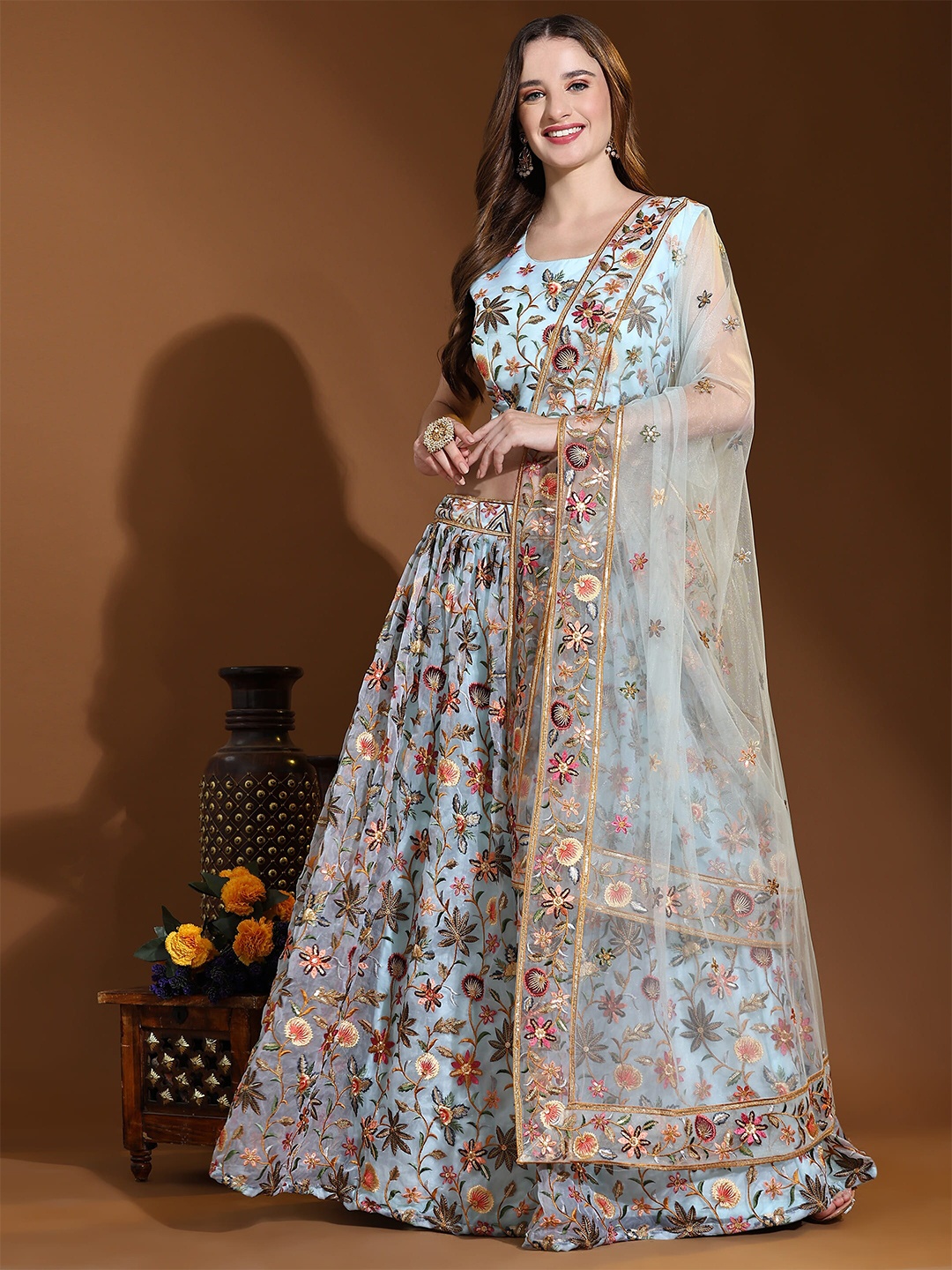 

AMOHA TRENDZ Embroidered Thread Work Ready to Wear Lehenga & Blouse With Dupatta, Turquoise blue