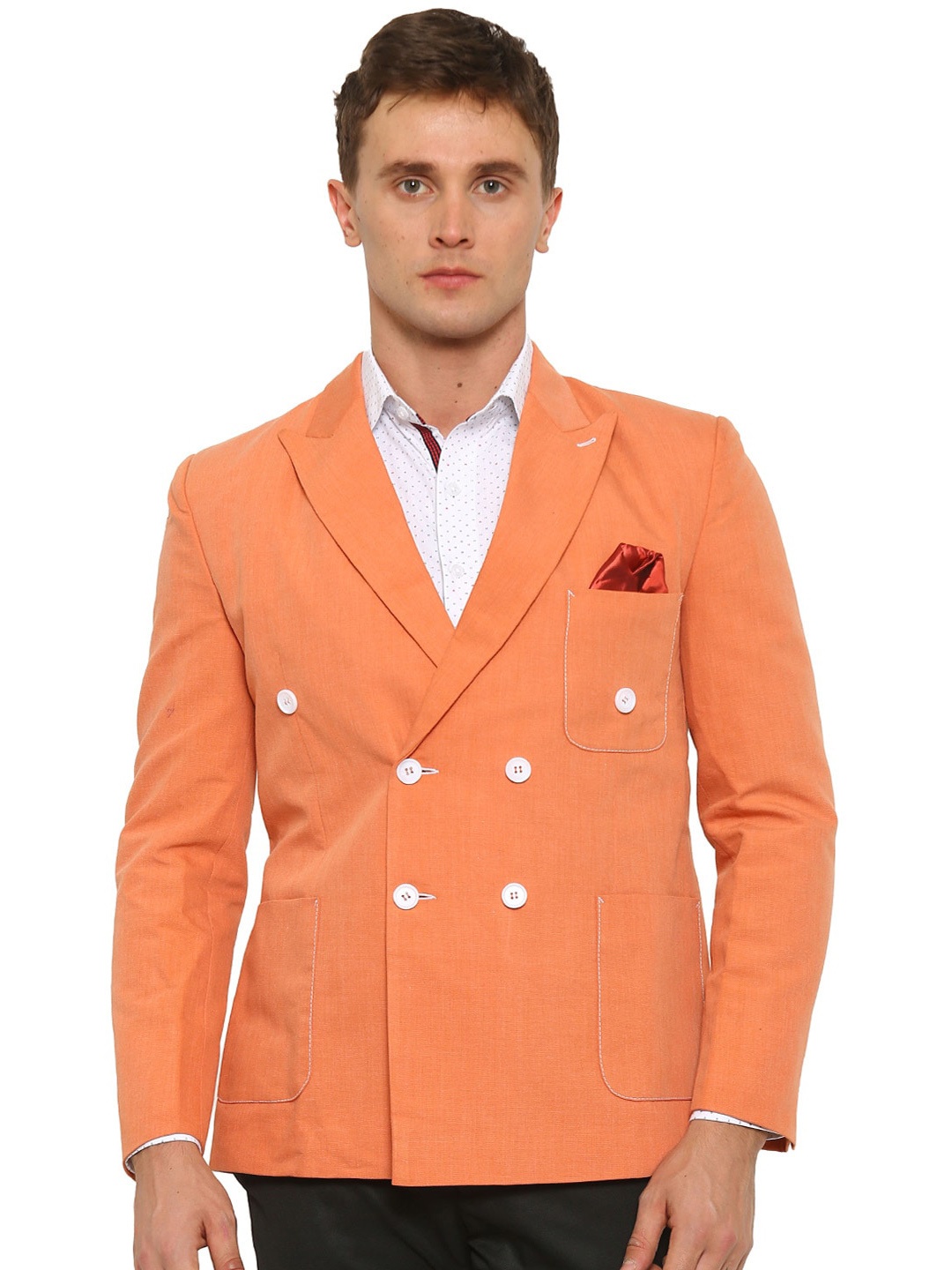 

Shaftesbury London Double-Breasted Satin Slim-Fit Formal Blazer, Orange
