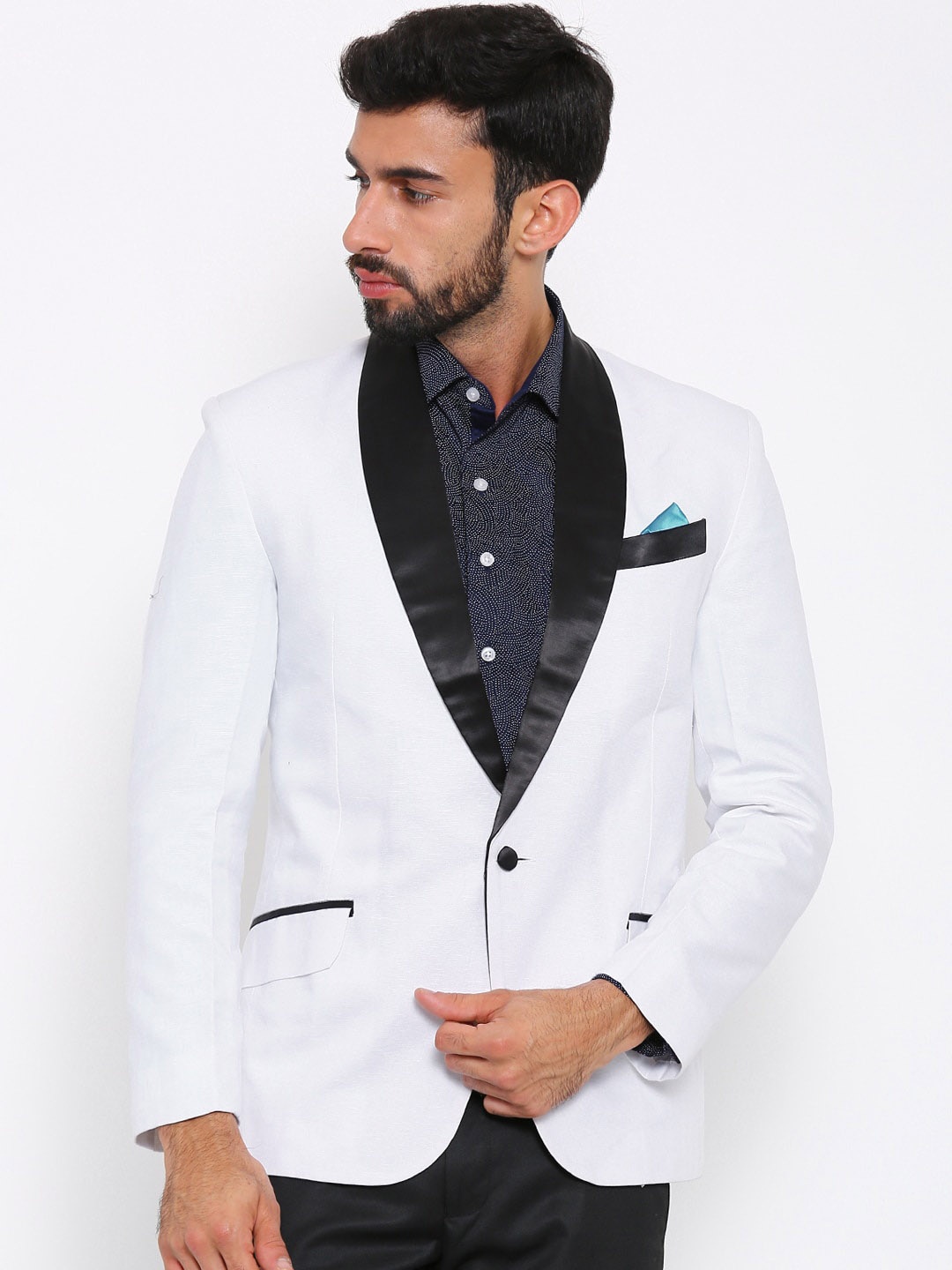 

Shaftesbury London Single-Breasted Satin Slim-Fit Formal Blazer, White