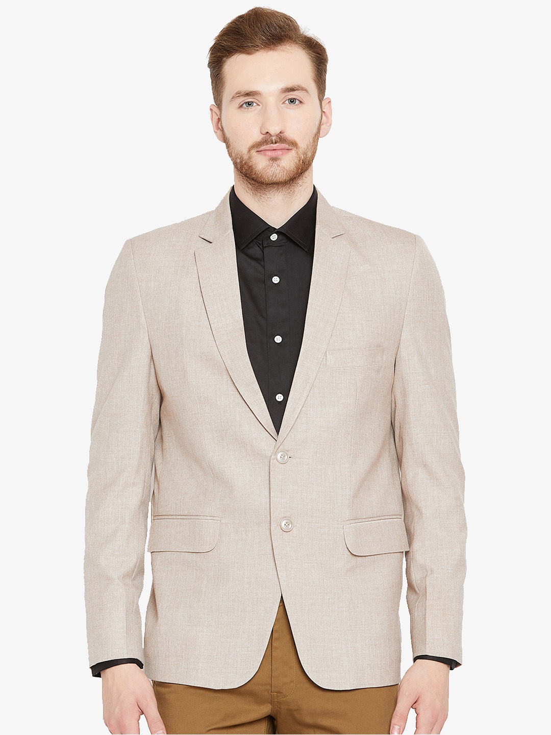 

Shaftesbury London Single-Breasted Satin Slim-Fit Formal Blazer, Beige