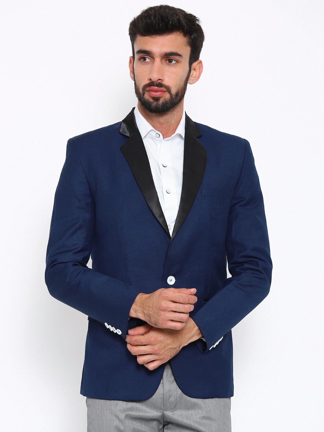 

Shaftesbury London Single-Breasted Satin Slim-Fit Formal Blazer, Navy blue