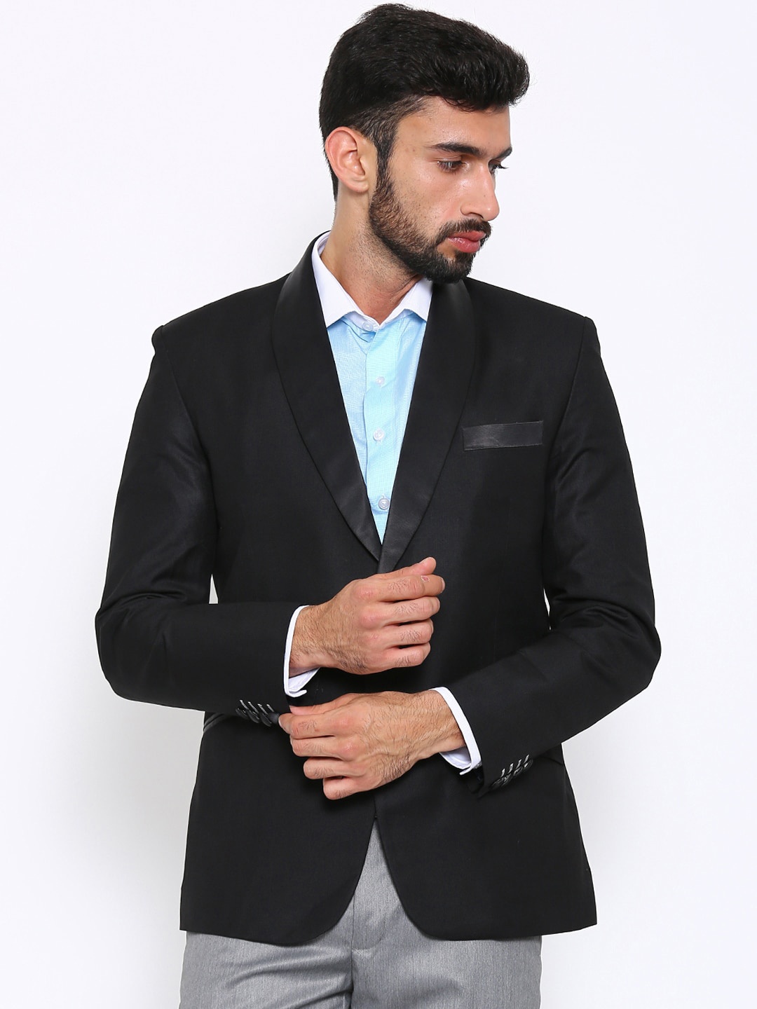 

Shaftesbury London Single-Breasted Satin Slim-Fit Formal Blazer, Black
