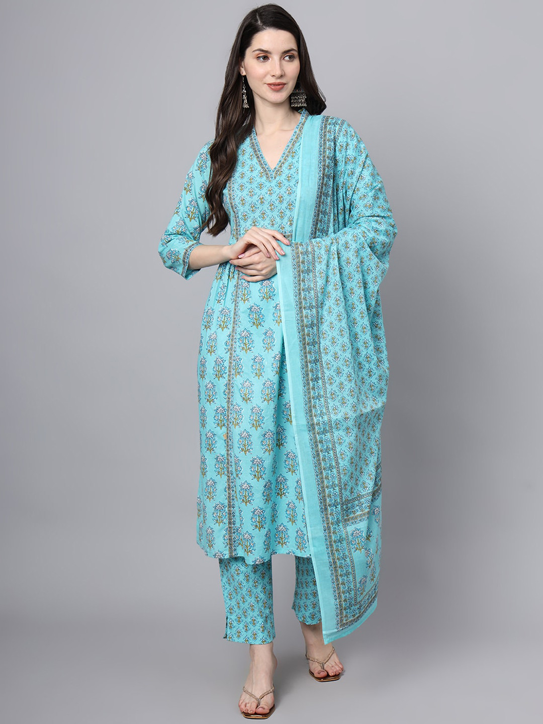 

Divena Floral Printed V-Neck Pure Cotton Straight Kurta with Trousers & Dupatta, Blue