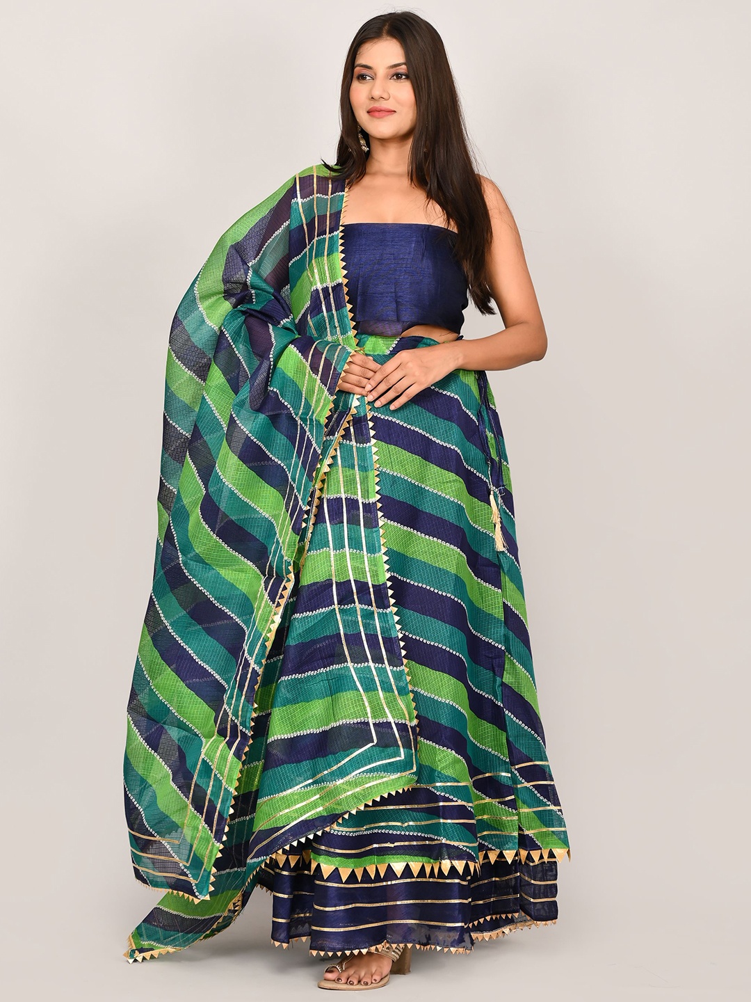 

Silvermerc Designs Leheriya Printed Ready to Wear Lehenga & Unstitched Blouse With Dupatta, Green