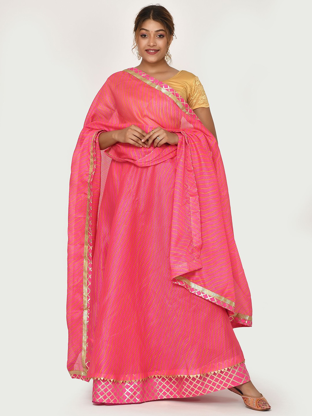 

Silvermerc Designs Lehariya Cotton Ready to Wear Lehenga & Unstitched Blouse With Dupatta, Pink