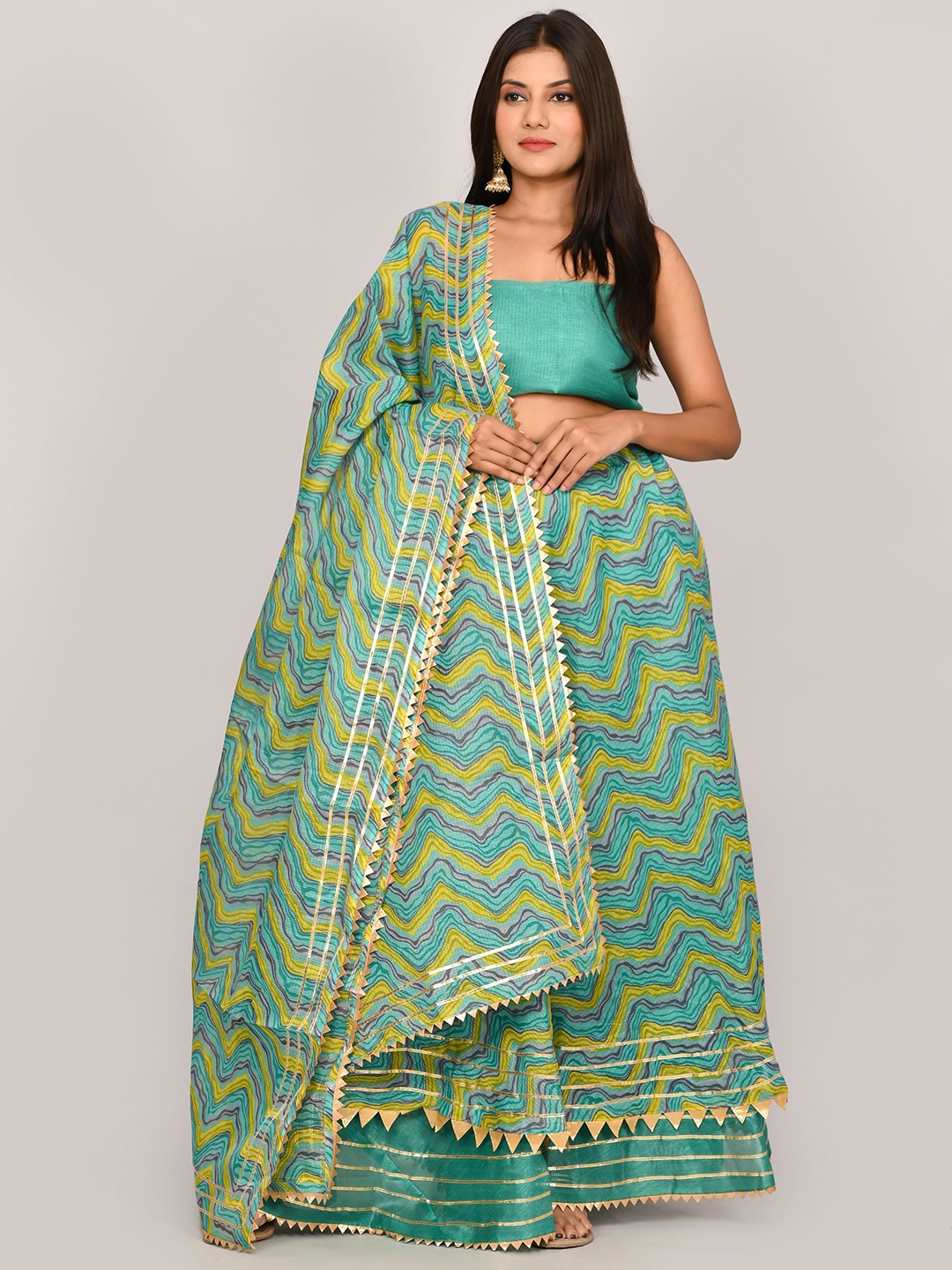 

Silvermerc Designs Leheriya Printed Ready to Wear Lehenga & Unstitched Blouse With Dupatta, Green