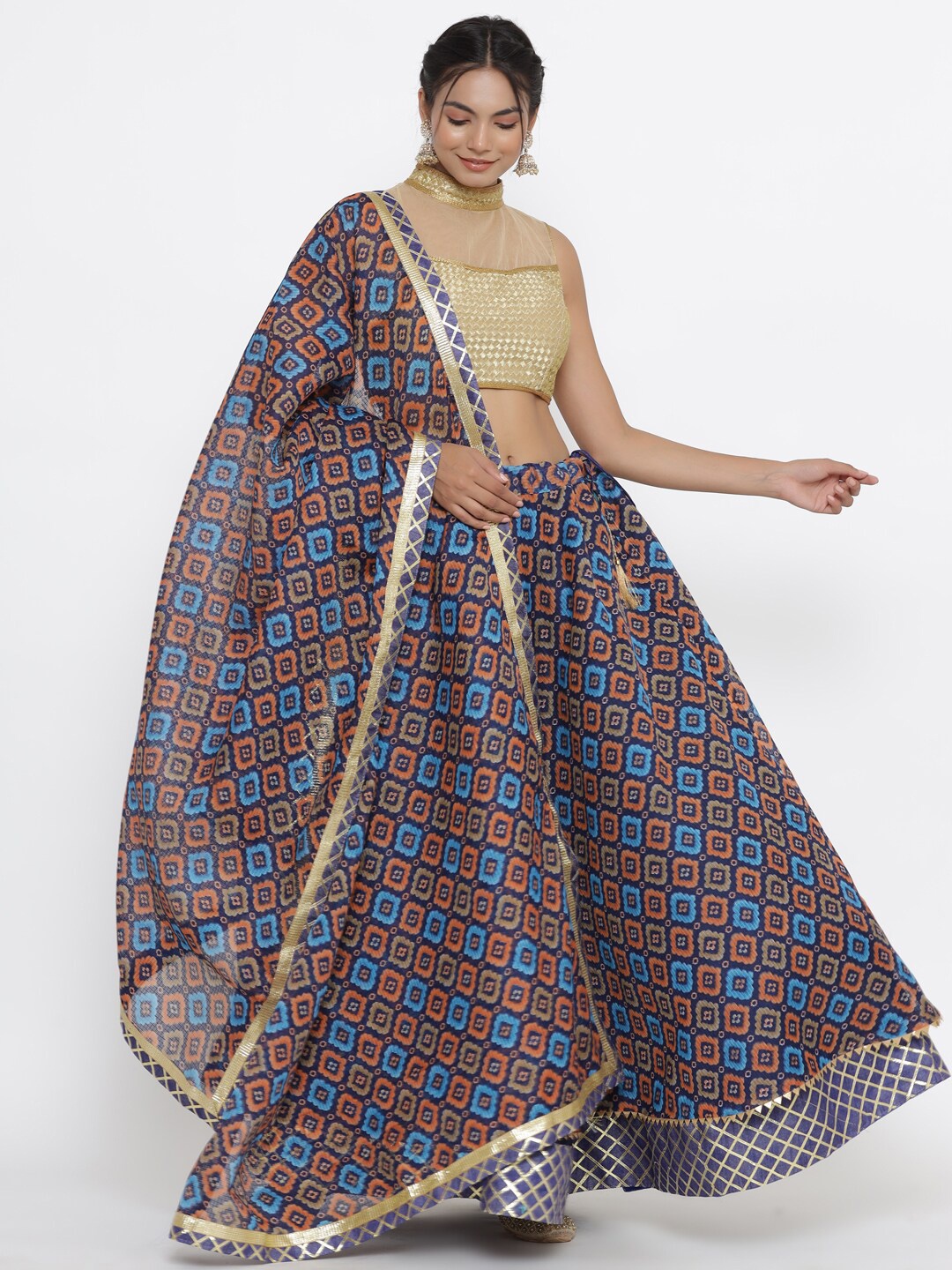 

Silvermerc Designs Leheriya Printed Ready to Wear Lehenga & Unstitched Blouse With Dupatta, Blue