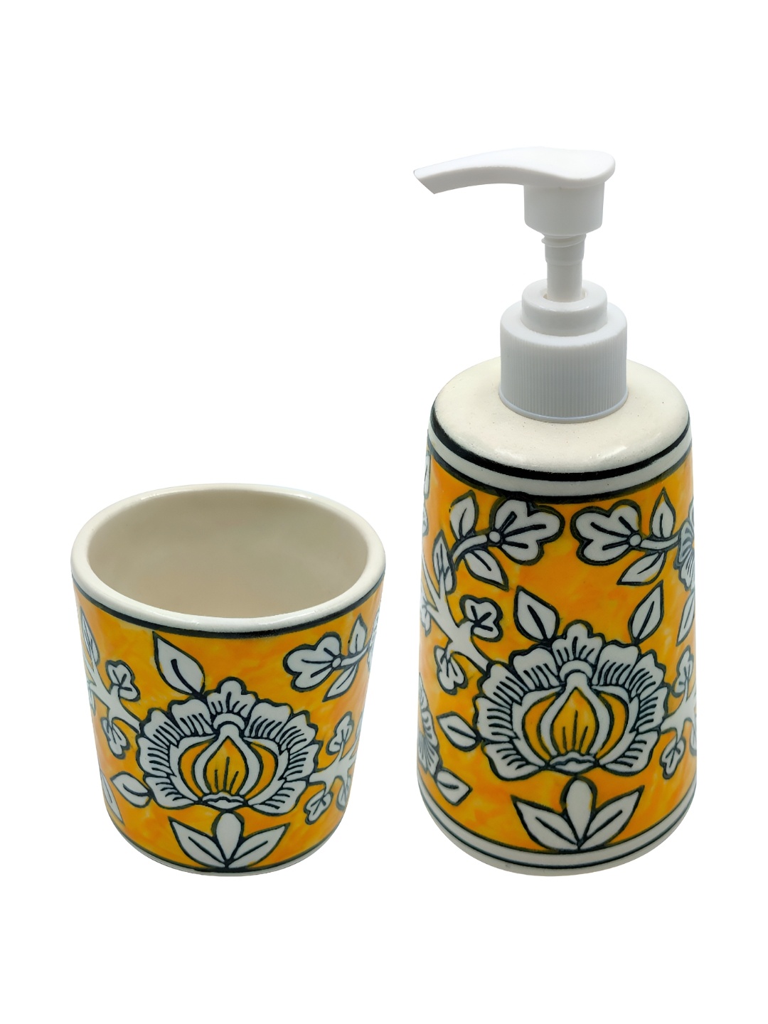 

Old Edge Ceramics Yellow 2 piece Floral Stoneware Soap Dispenser & Toothbrush Holder