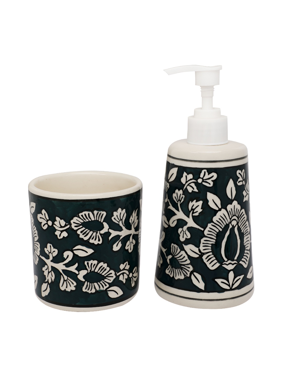 

Old Edge Ceramics Green 2 piece Floral Stoneware Soap Dispenser & Toothbrush Holder