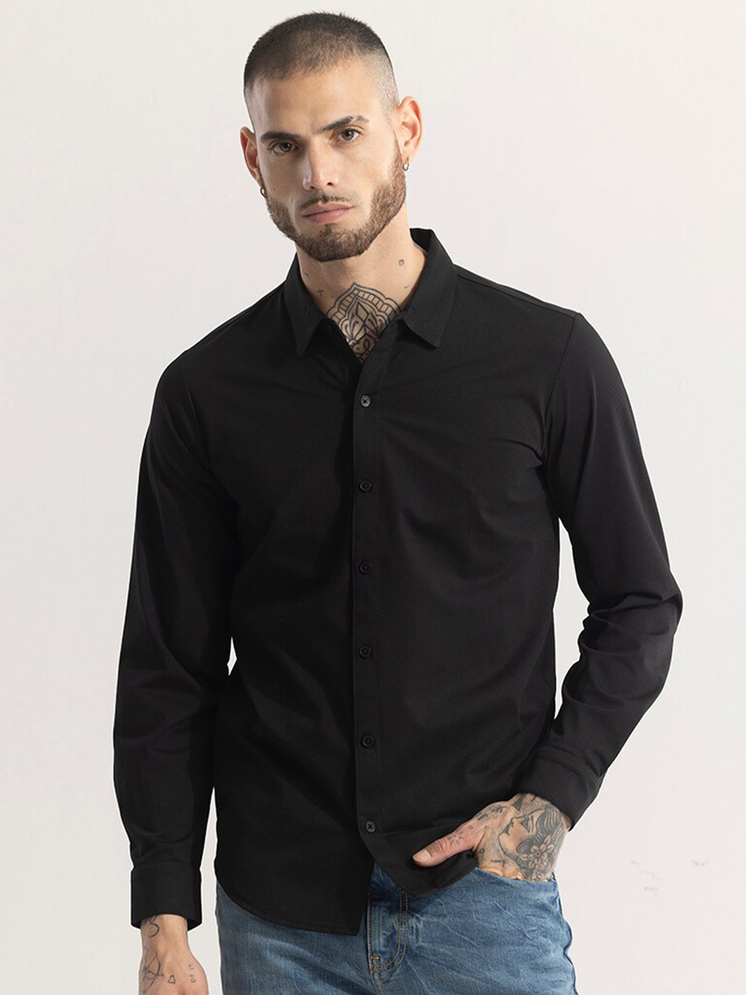 

Snitch Straight Slim Fit Long Sleeves Spread Collar Opaque Casual Shirt, Black