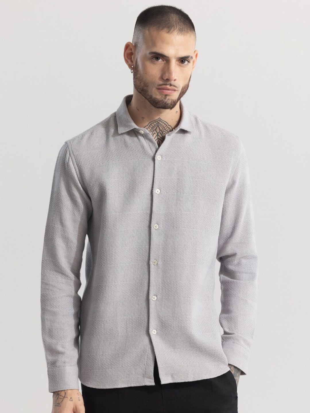 

Snitch Spread Collar Long Sleeves Straight Slim Fit Cotton Casual Shirt, Grey