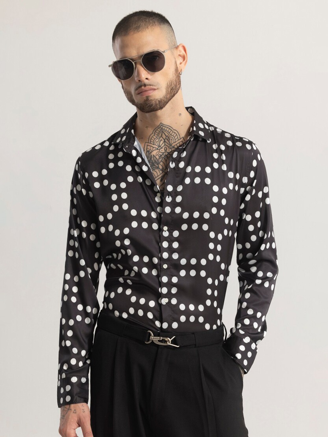 

Snitch Charcoal Grey & White Polka Dot Printed Straight Slim Fit Casual Shirt