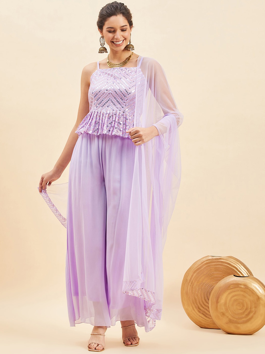 

PANIT Ethnic Motifs Embroidered Pleated Sequinned Top with Sharara & With Dupatta, Purple