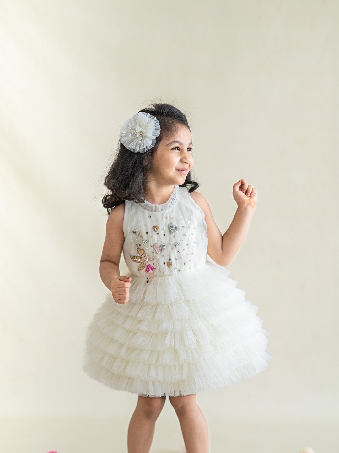 

Ruchika Lath Girls Round Neck Sleeveless Net A-Line Dress, Off white
