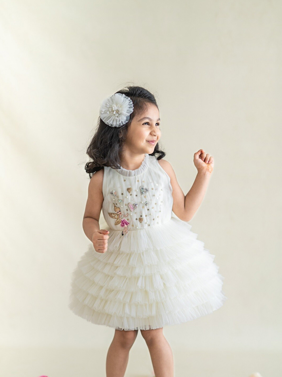 

Ruchika Lath Girls Round Neck Sleeveless Layered Fit & Flare Dress, Off white
