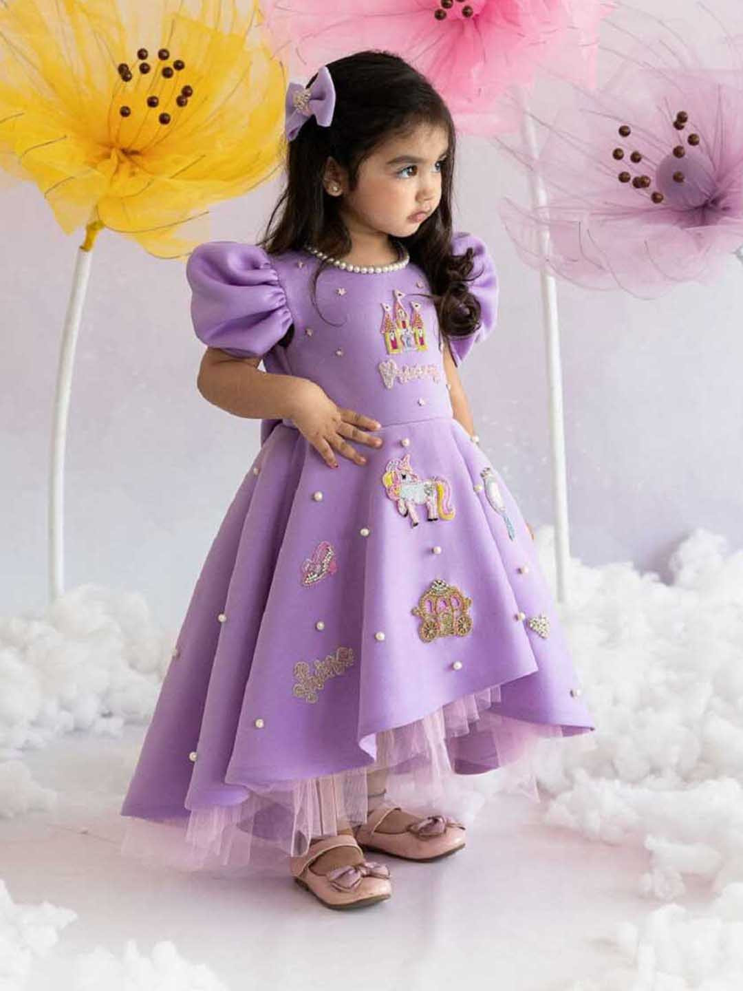 

Ruchika Lath Girls Embellished Puff Sleeves High Low Fit & Flare Princess Dress, Lavender
