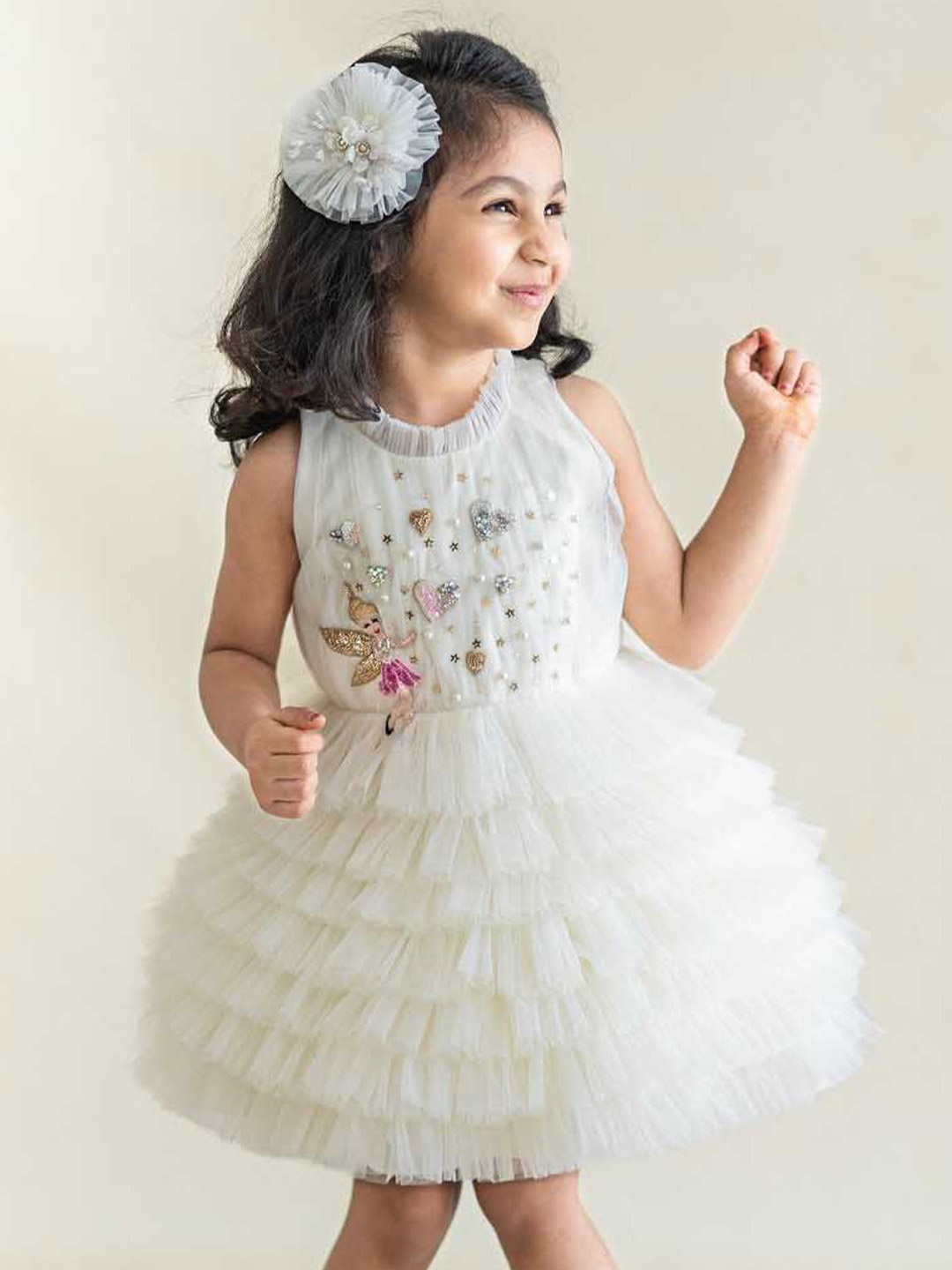 

Ruchika Lath Girls Round Neck Net A-Line Dress, Off white