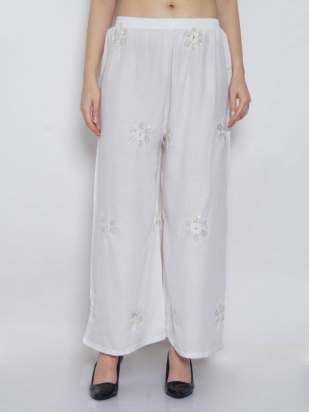 

GRACIT Women Floral Embroidered Wide Leg Knitted Palazzos, White