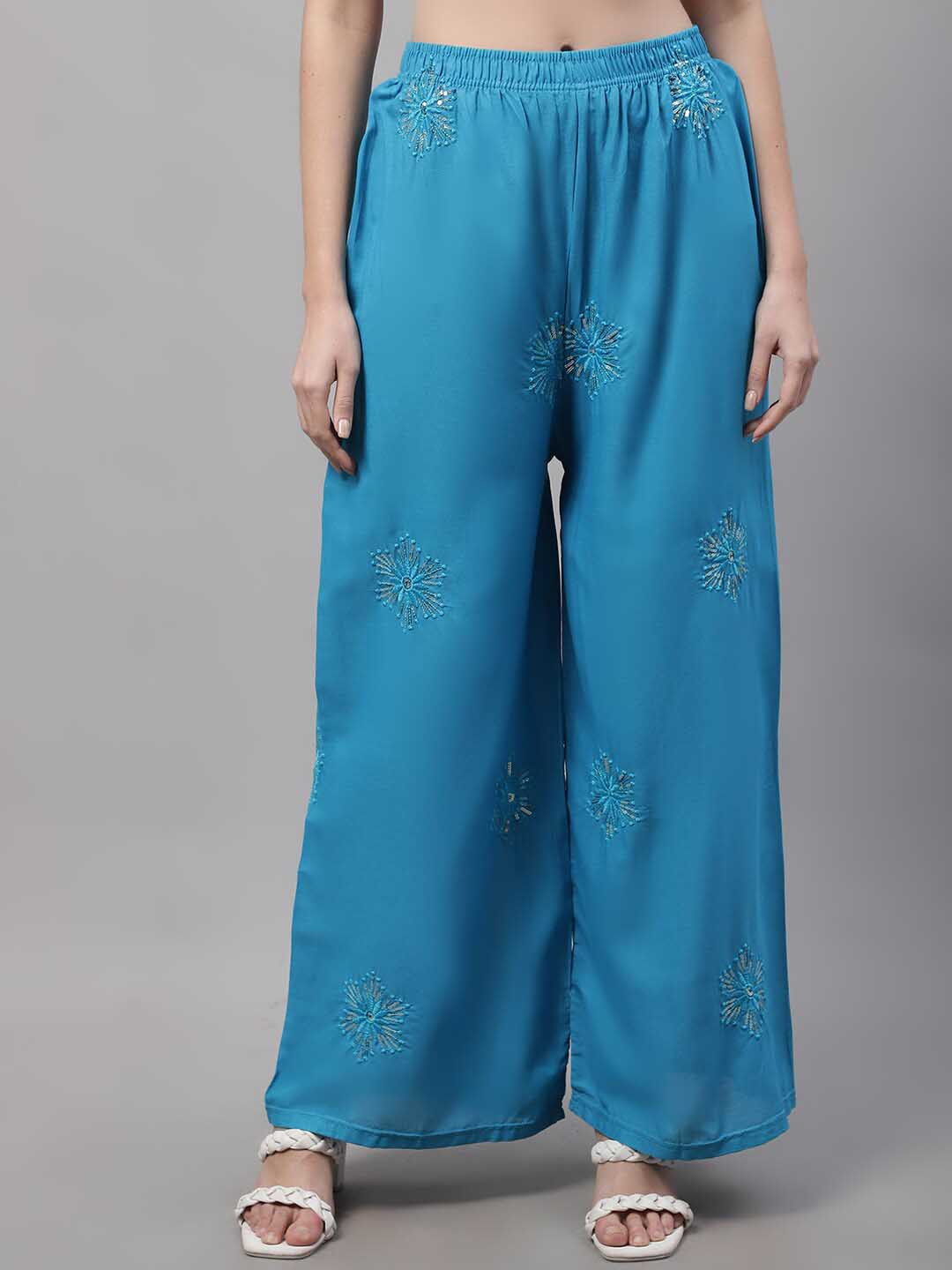 

GRACIT Floral Embroidered Wide Leg Fit Palazzo, Sea green