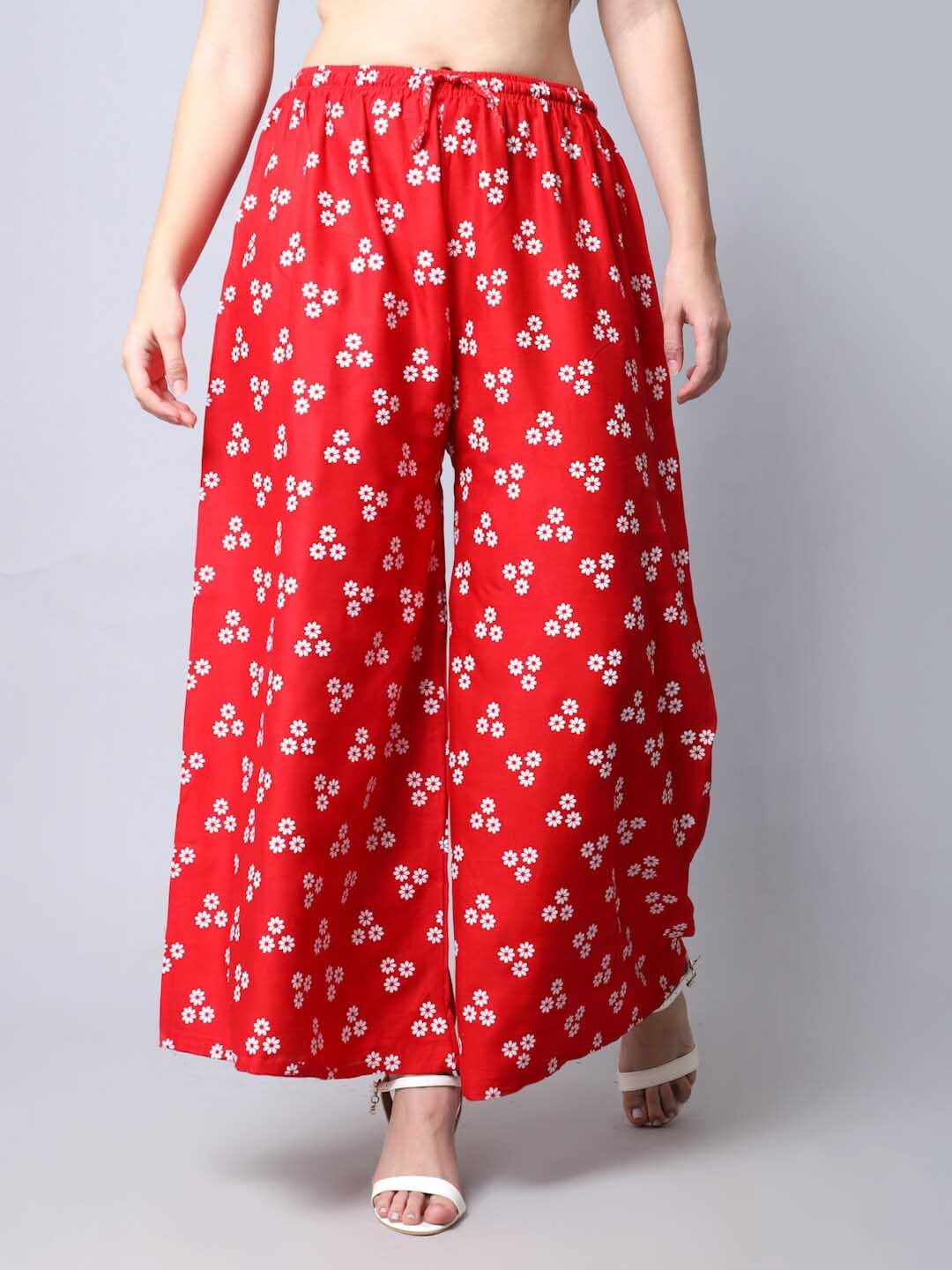 

GRACIT Women Floral Printed Wide Leg Knitted Palazzos, Red